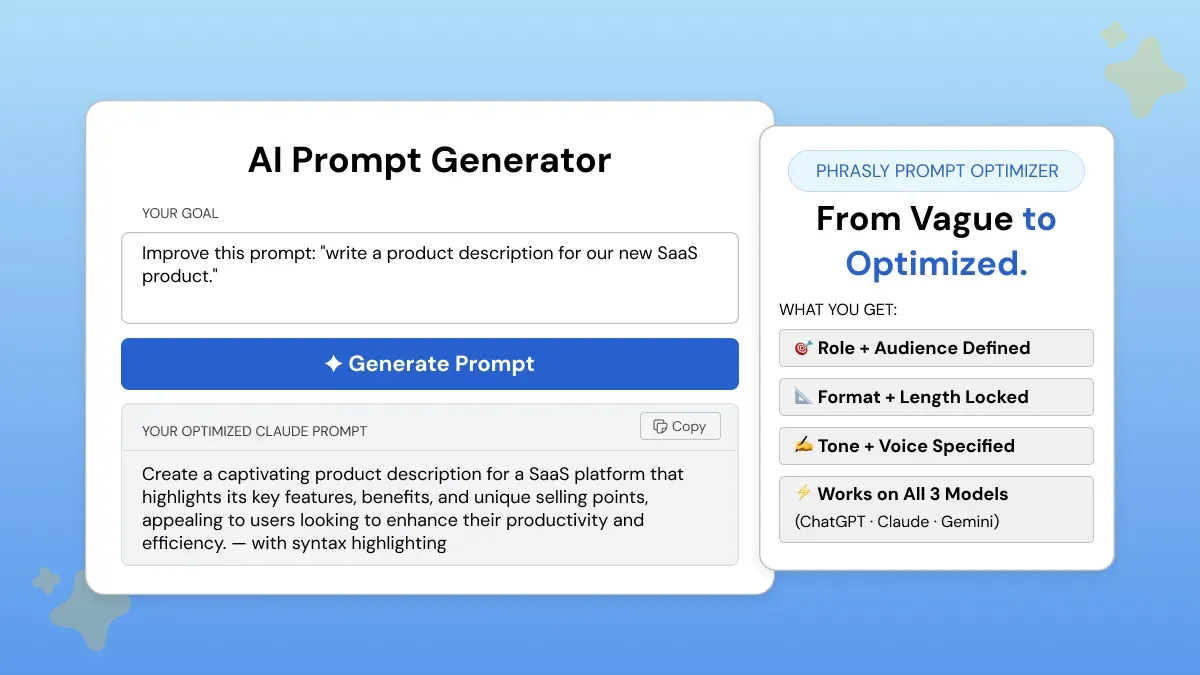 Phrasly AI prompt generator for LLM prompt optimization