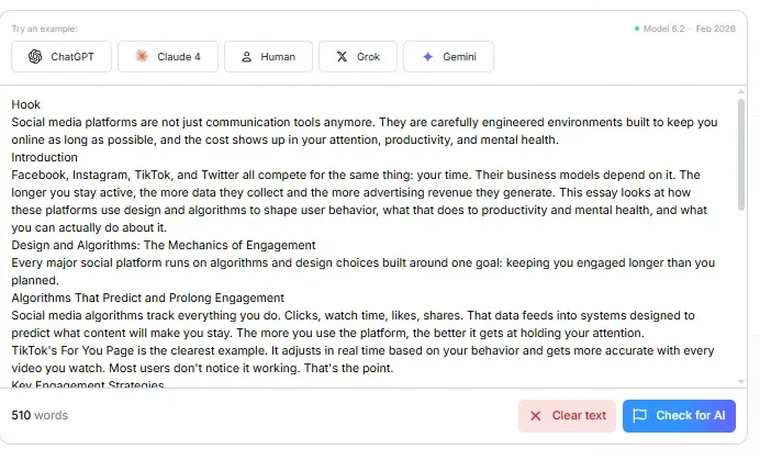 Checking College Essay with Phrasly AI detector