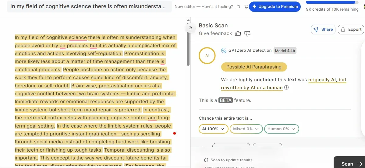 GPTZero AI detecor Test Results