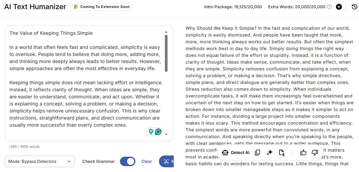 Just Done AI Humanizer Simple content results