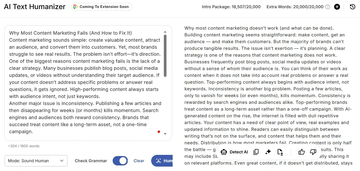 Just Done AI Humanizer Marketing content results