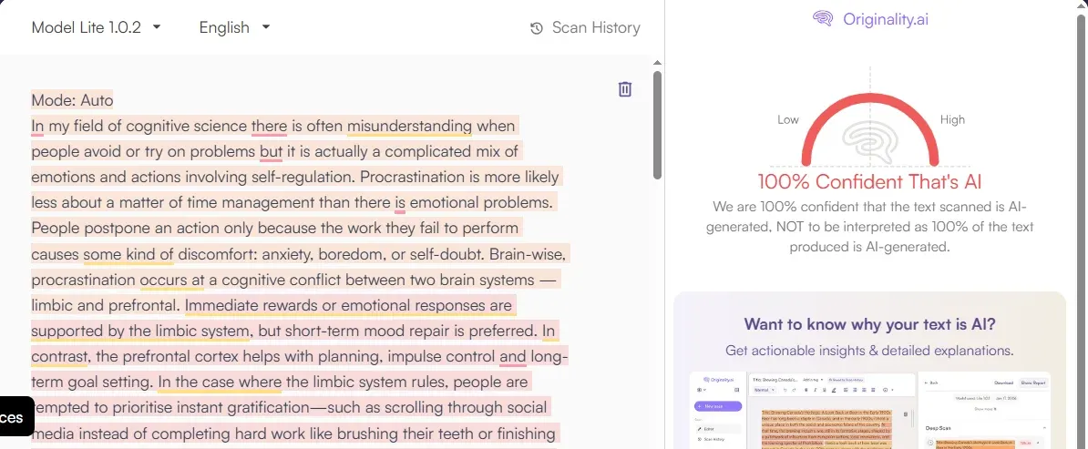 Originality AI detector Results