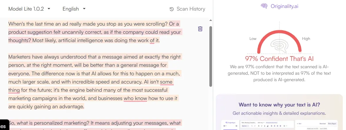 Originality.ai results showing GPTHuman humanized content flagged at 97% AI confidence