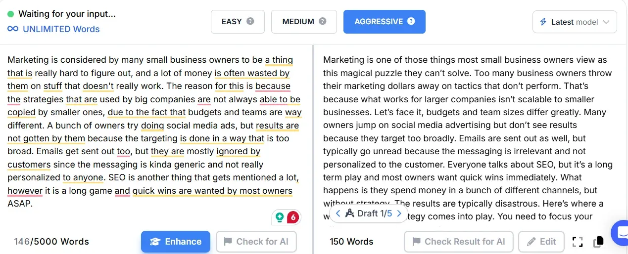 Phrasly AI Text Enhancer Results