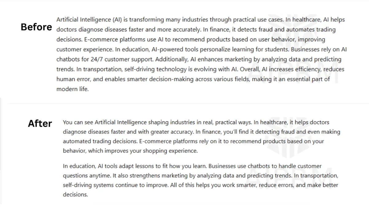 ChatGPT before/after — same paragraph of AI-generated text, original above, humanized below after applying the base prompt above.