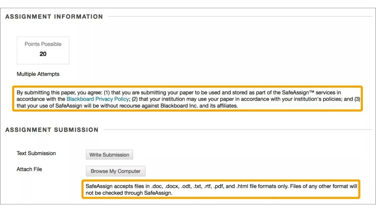 Blackboard assignment submission page showing SafeAssign listed under plagiarism options.