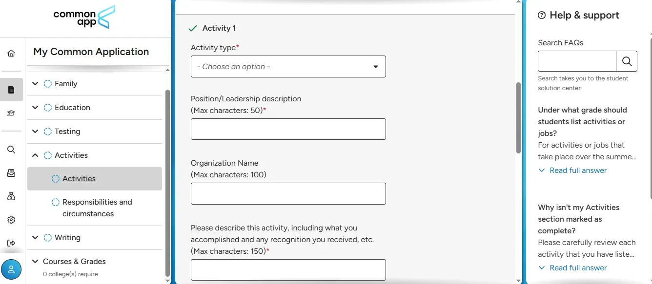 Common app Activity Section