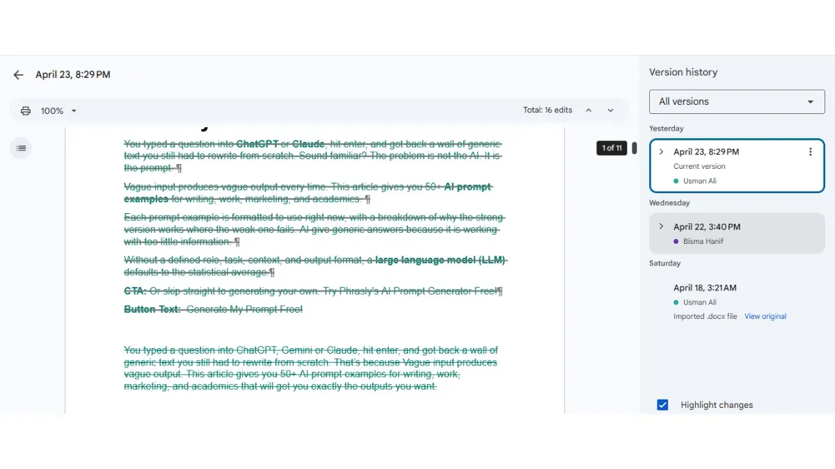 Google Docs version history panel: show incremental writing sessions as evidence of genuine drafting process.