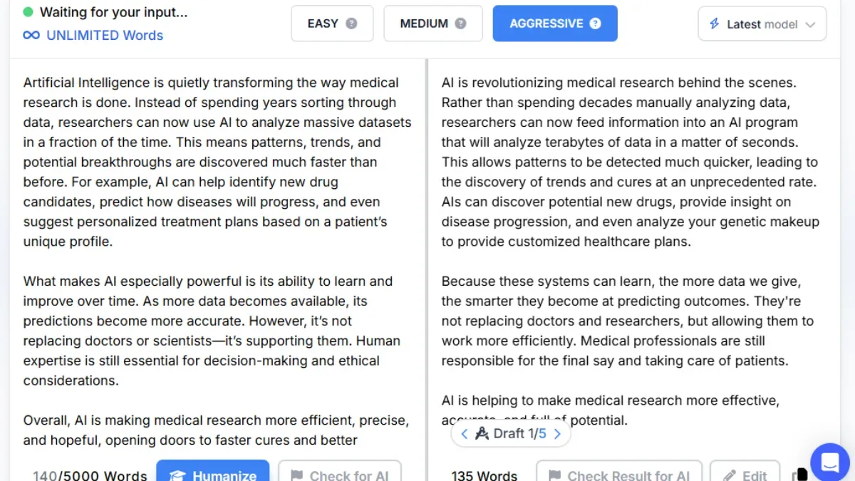 Phrasly AI Humanizer is showing the input/output panel with a sample piece of AI-generated text being humanized. 