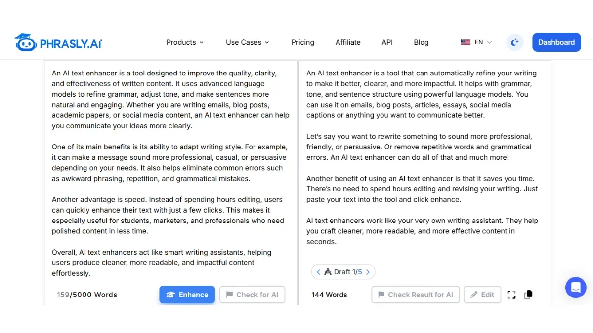 Phrasly AI Text Enhancer Output