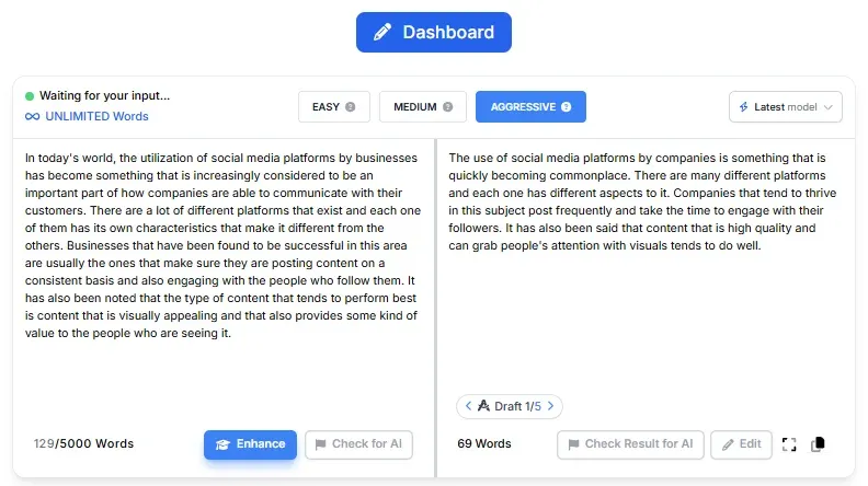 Phrasly AI Text Enhancer Results