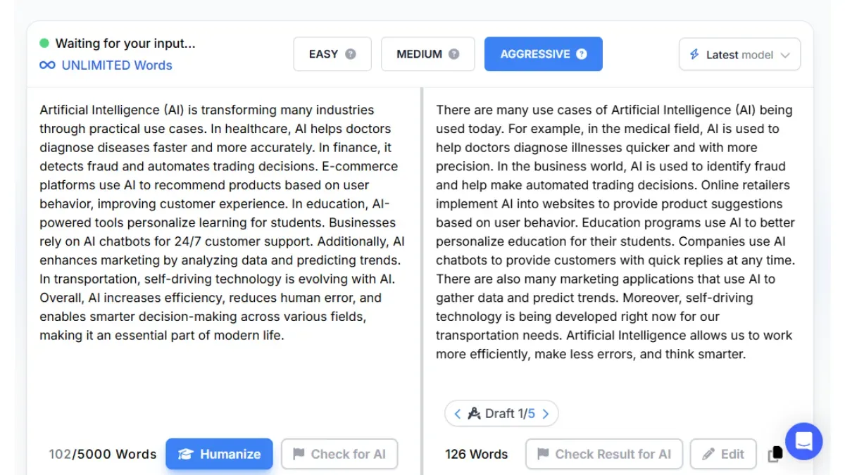 Phrasly AI Humanizer interface — show input/output panel with a sample humanized text result.