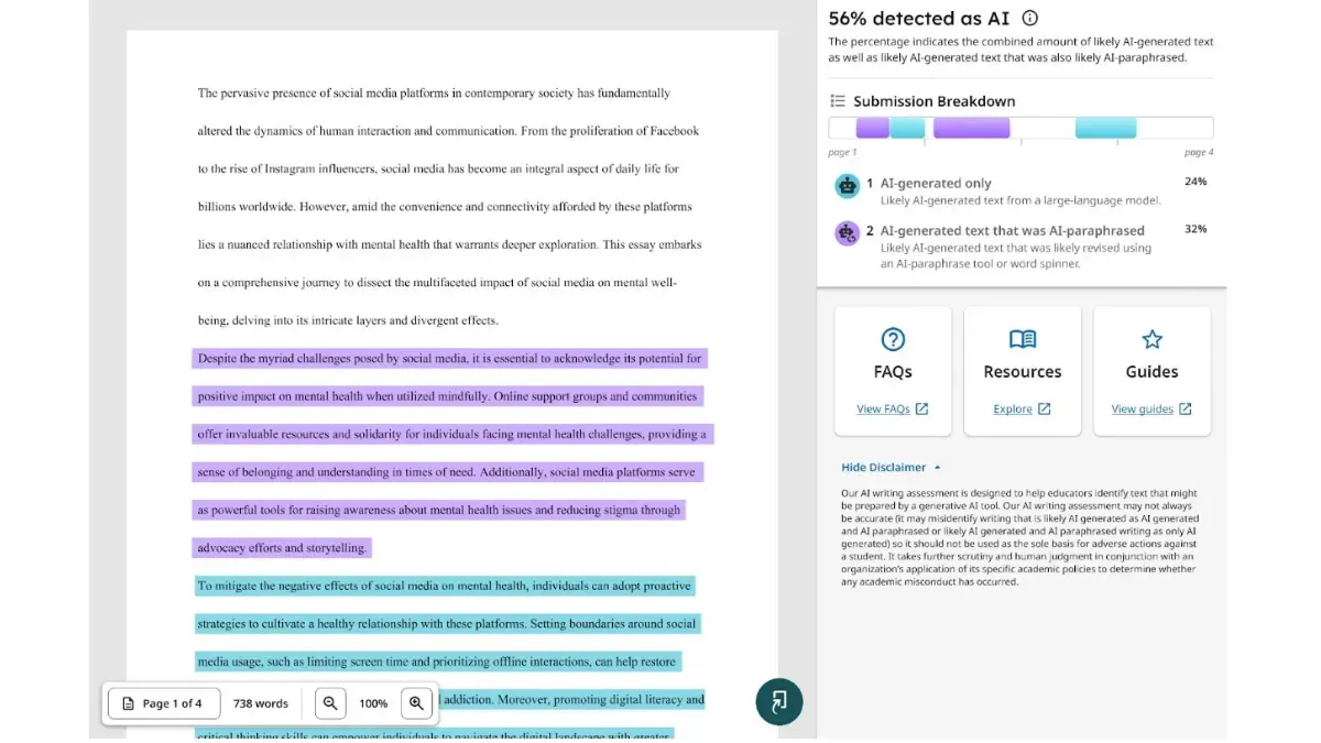 Turnitin AI writing detection report — show the color-coded result with AI percentage score highlighted. 