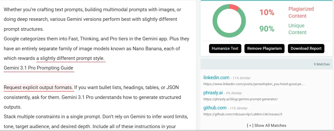 PrePostSEO result showing 10% plagiarized on the patchwork sample&nbsp;