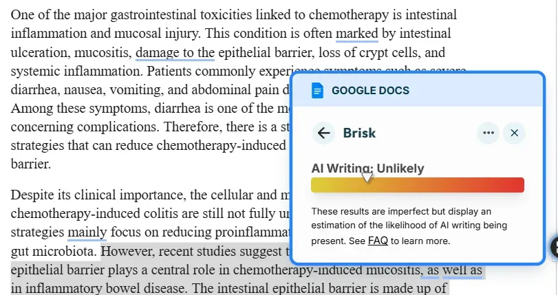 risk AI Detector result: "AI Writing: Unlikely" on mixed AI-human content