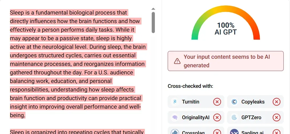 GPTinf AI Detector flagging ChatGPT 5.3 content as 100% AI generated.