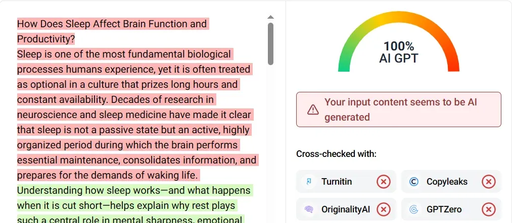 GPTinf AI Detector identifying Claude Opus 4.7 content as 100% AI generated.