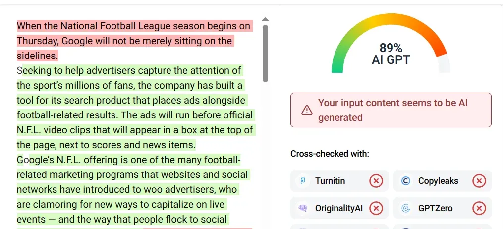 GPTinf AI Detector wrongly flagging a 2015 New York Times human-written article as 89% AI