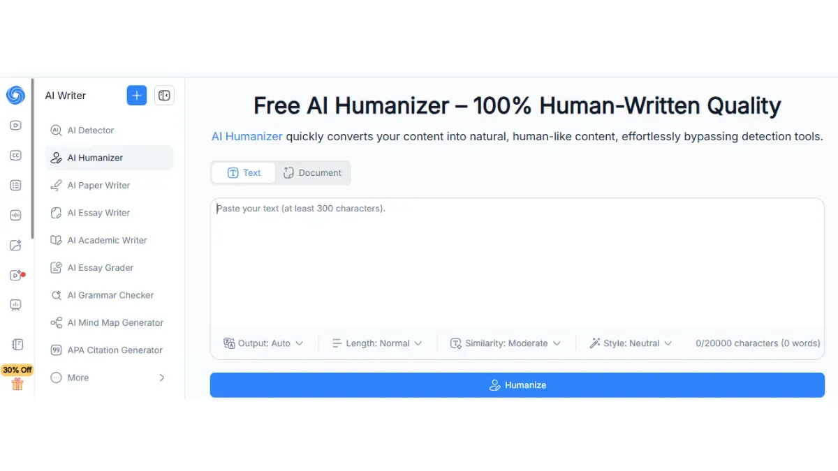 NoteGPT AI Humanizer interface: show tone selector, similarity levels, character limit