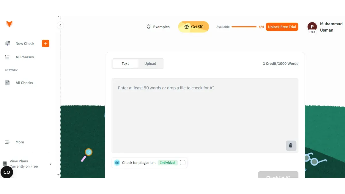 Pangram Detection Dashboard: file upload, paste field, and AI assistance toggle 