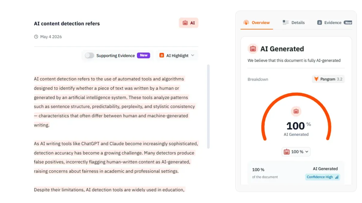 Pangram result on ChatGPT-generated paragraph: high AI score with sentence-level highlights