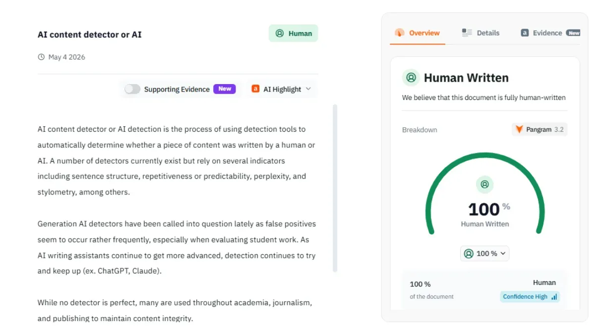 Pangram result on human-written paragraph: low AI score, near-zero false positive