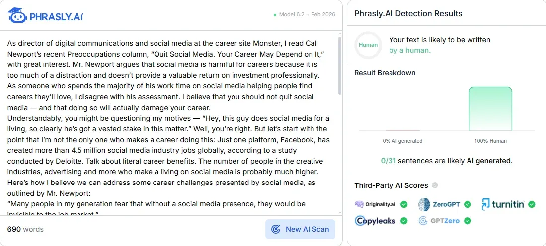 Phrasly AI Detector result showing 100% human score