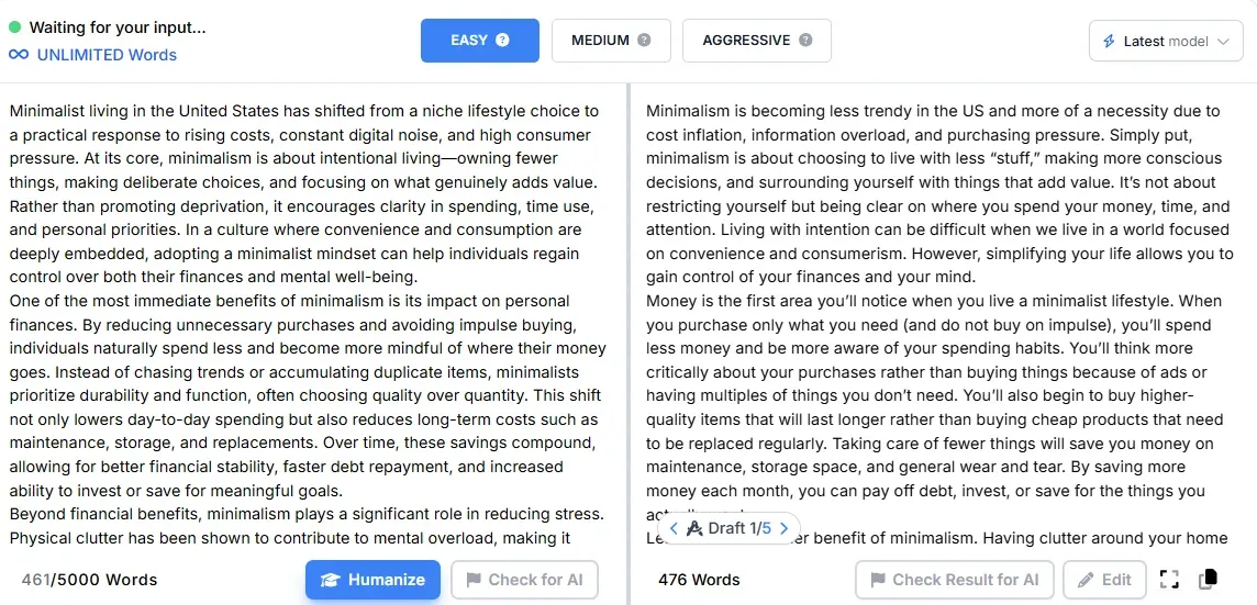 Phrasly AI Humanizer Easy mode output