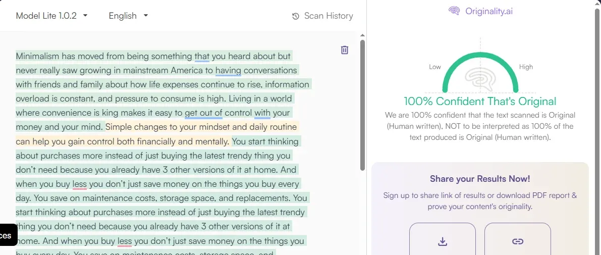 Originality.ai result showing 100% on Phrasly AI Humanizer output