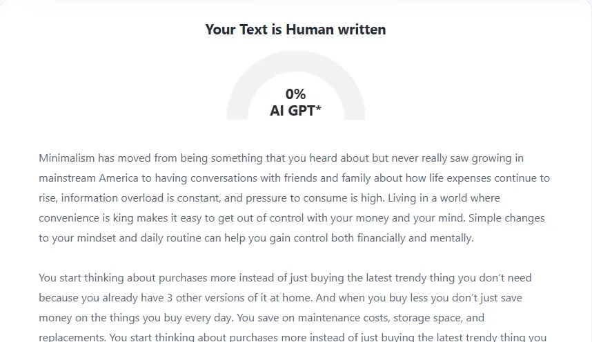 ZeroGPT result showing 0% AI score on Phrasly AI Humanizer