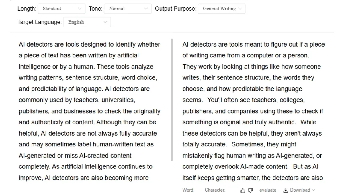 Side-by-side comparison of Decopy humanizer output vs original AI text