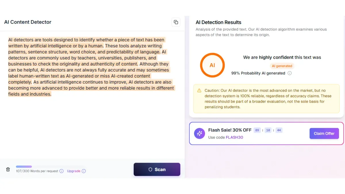 Walter Writes AI Detector interface showing input field and detection results