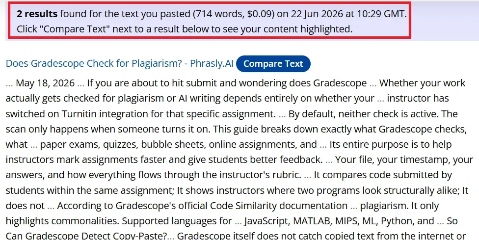 Copyscape Plagiarism Checker results showing 2 matches found for verbatim copied text