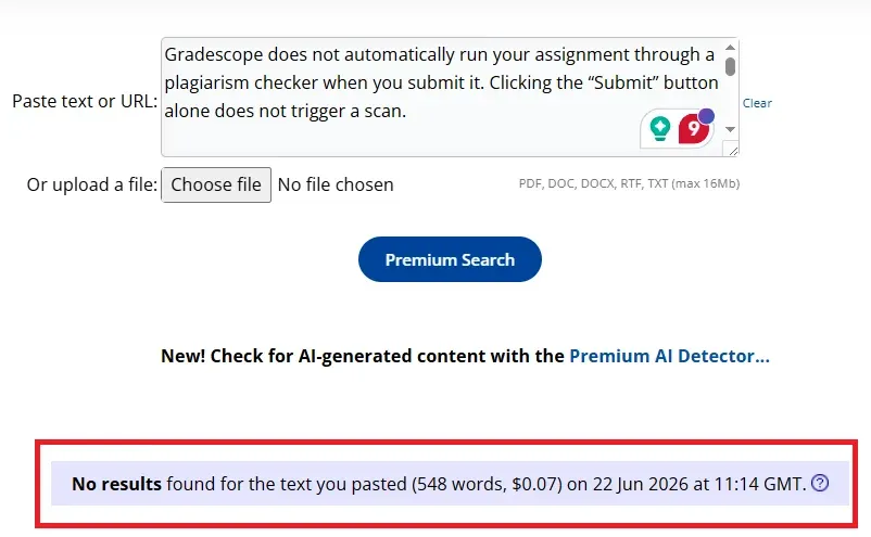 Copyscape Plagiarism Checker showing no results for ChatGPT-generated content