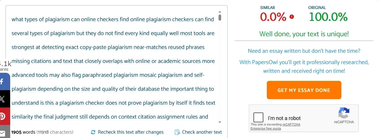 PapersOwl plagiarism checker showing 0% similarity on ChatGPT-generated text