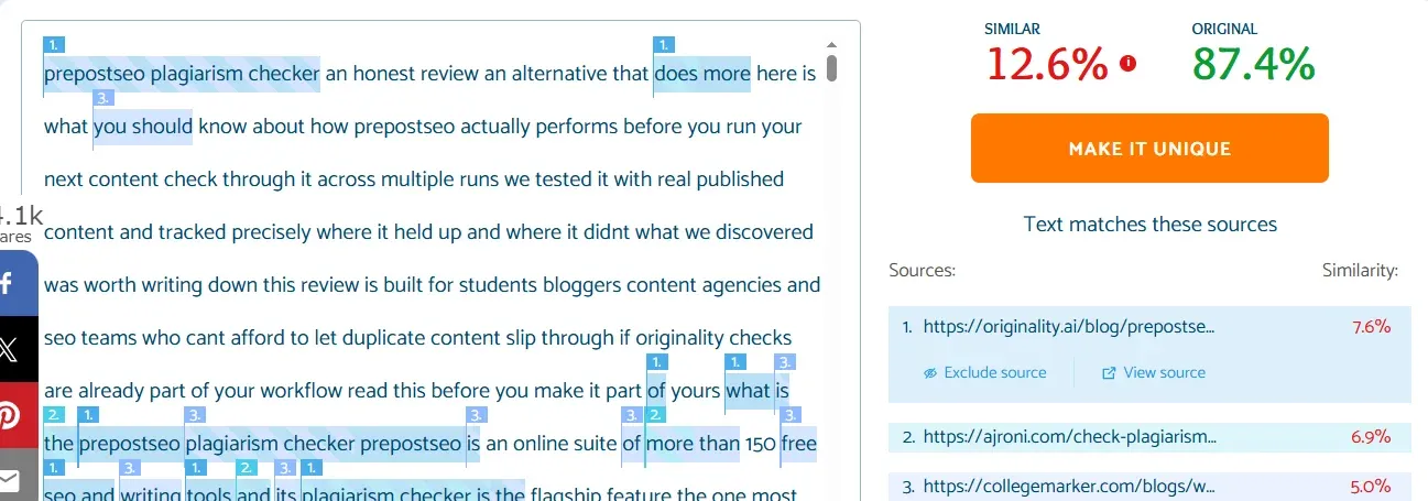 PapersOwl plagiarism checker showing 12.6% similarity on rephrased content