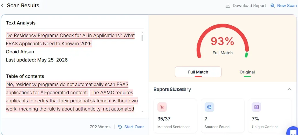 Phrasly plagiarism checker showing 93% match