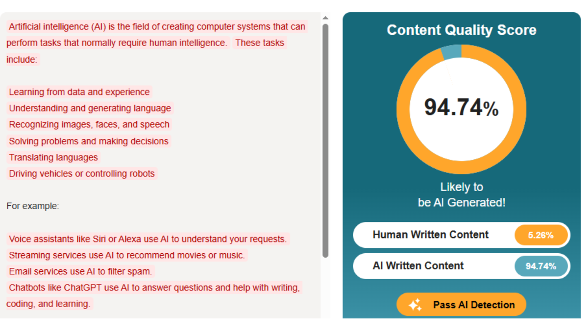 AI Detection result for GPT content