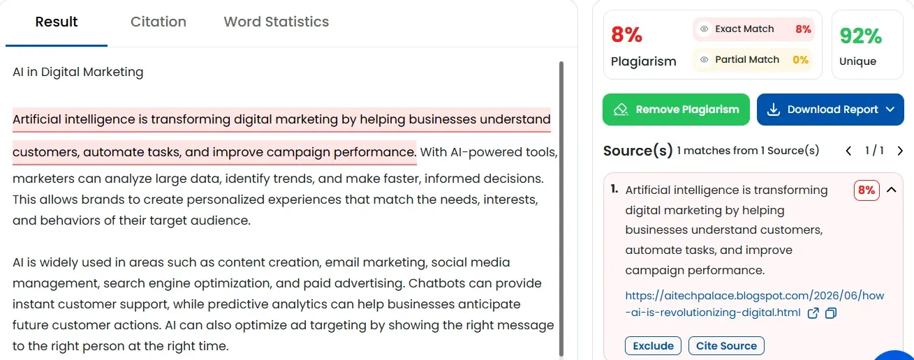 Small SEO Tools plagiarism checker showing 8% plagiarism and 92% unique on AI-generated text