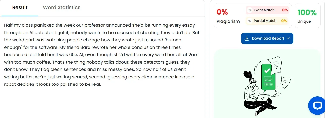 Small SEO Tools plagiarism checker showing 0% plagiarism and 100% unique on original text