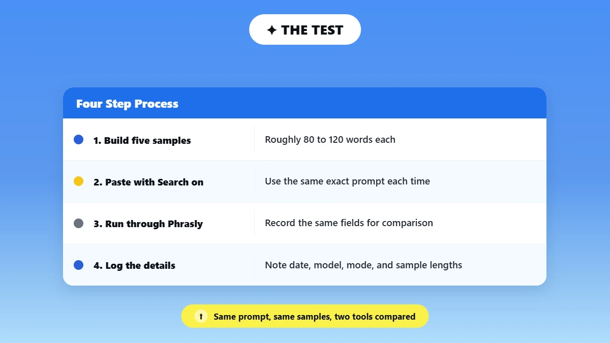 Four step workflow for testing ChatGPT against Phrasly's checker