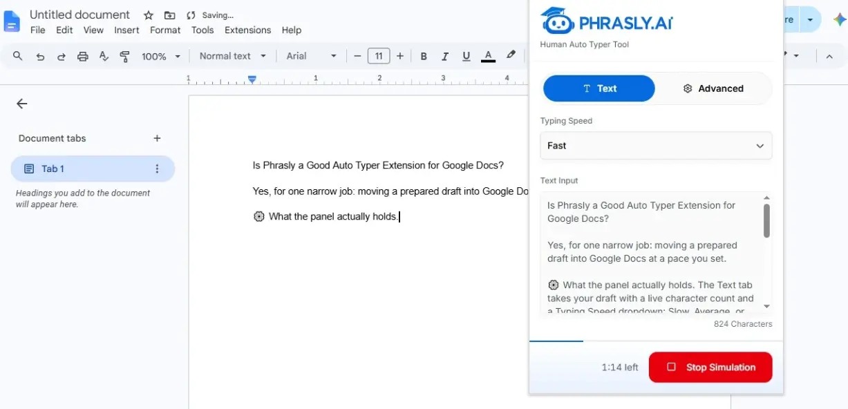 Phrasly auto typer extension settings panel open beside a Google Doc