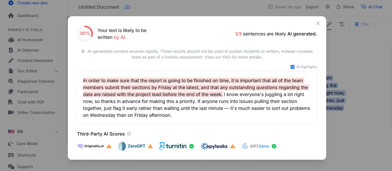 Phrasly Docs with the built-in AI detector open on a draft paragraph