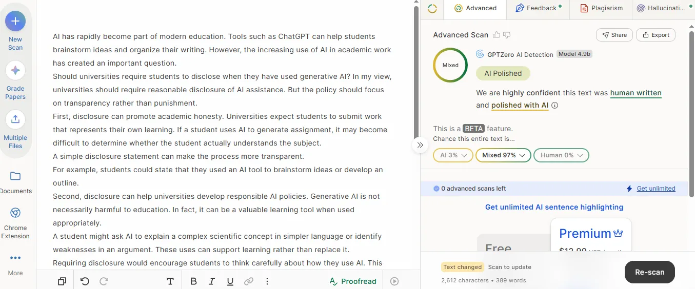 Normally Edited AI GPTZero Result