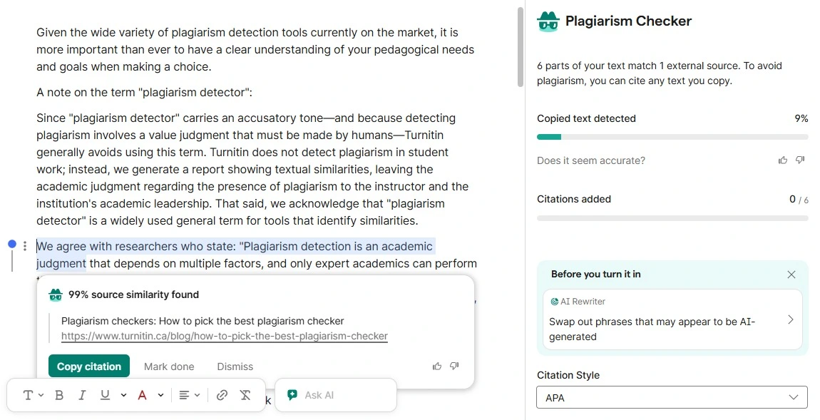 Grammarly plagiarism checker result on translation laundered content showing 9 percent.