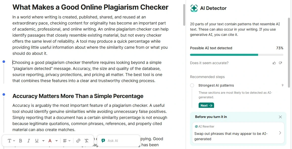 Grammarly Grammarly AI detector at 73 on a ChatGPT article.