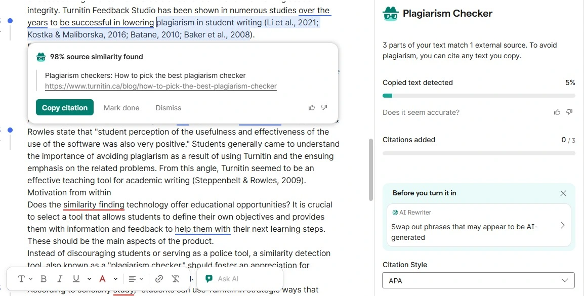 Grammarly plagiarism checker result on QuillBot paraphrased content showing 5 percent.