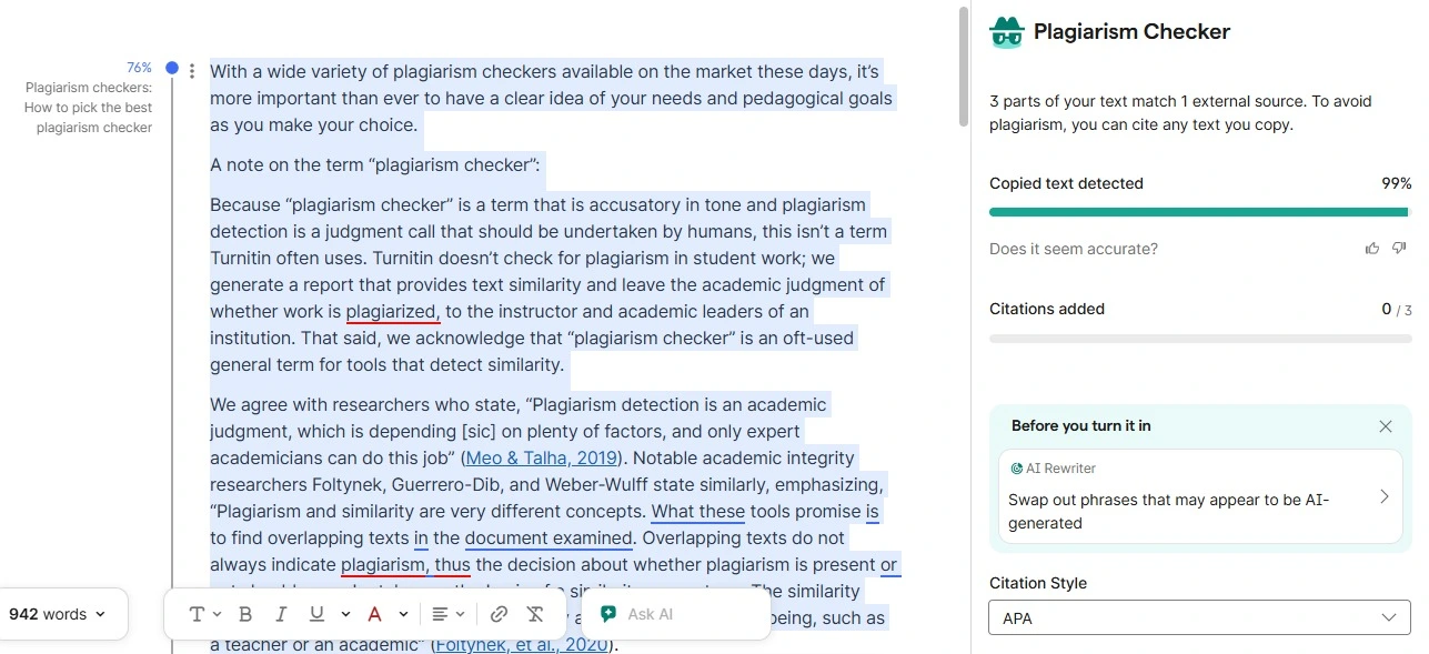 Grammarly plagiarism checker verbatim copy paste showing a 99 percent match.