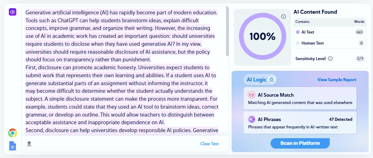 Raw AI Content Copyleaks Result