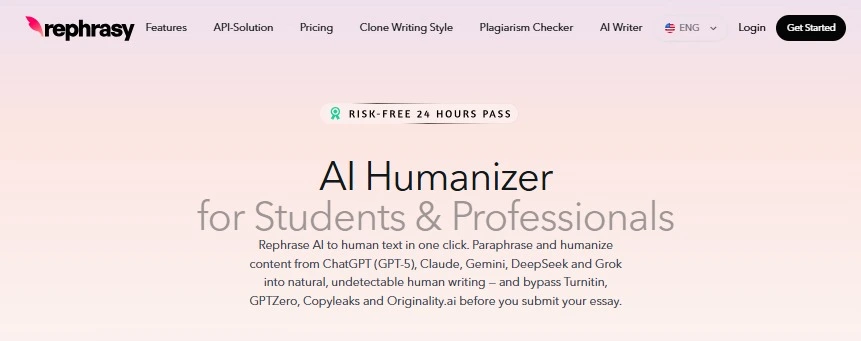 Rephrasy AI Humanizer homepage stating it can bypass Turnitin, GPTZero, Copyleaks and Originality.ai